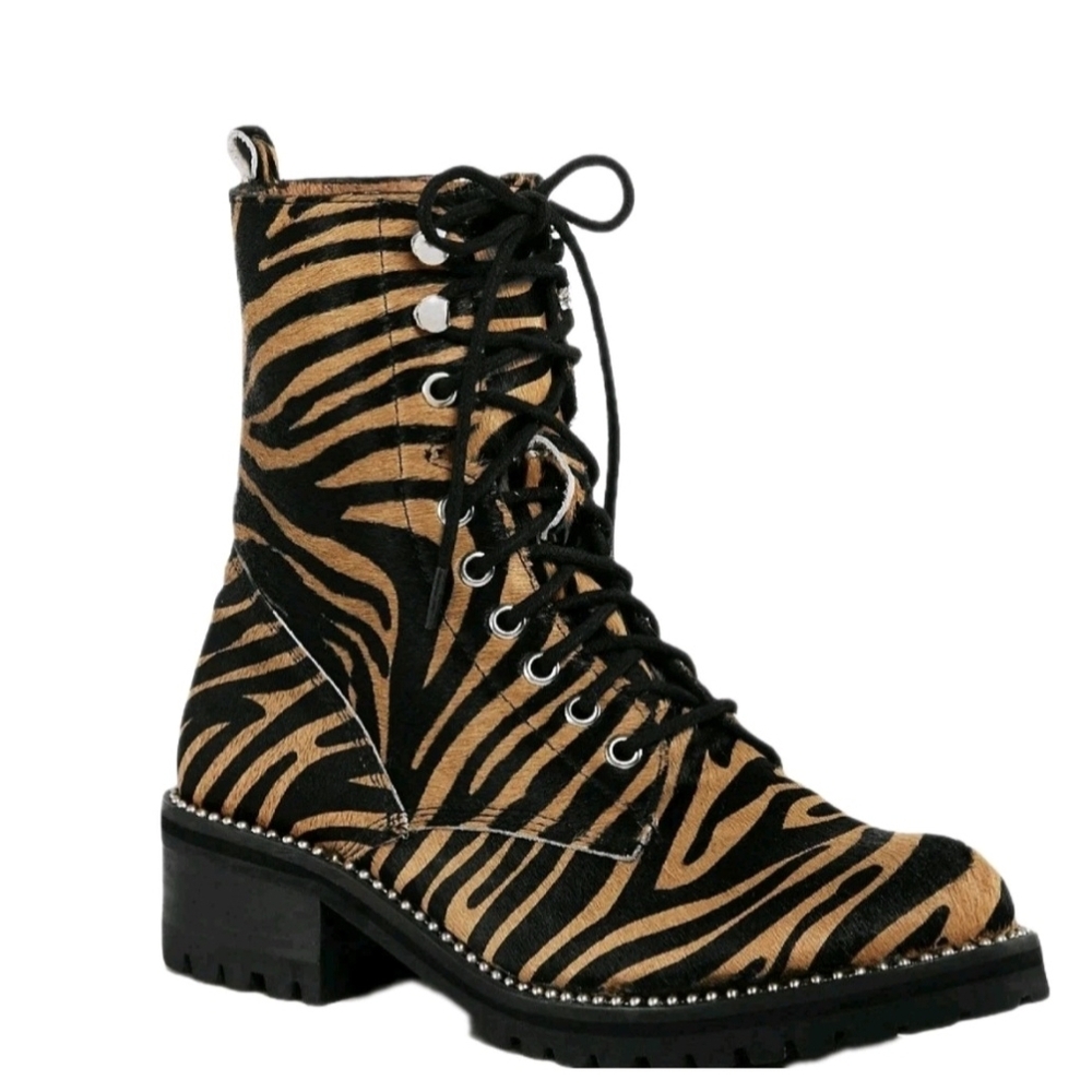 Aqua Combat Boots Jax Calf Hair Tan & Black Lace Up Chunky Heel Studded Size 8